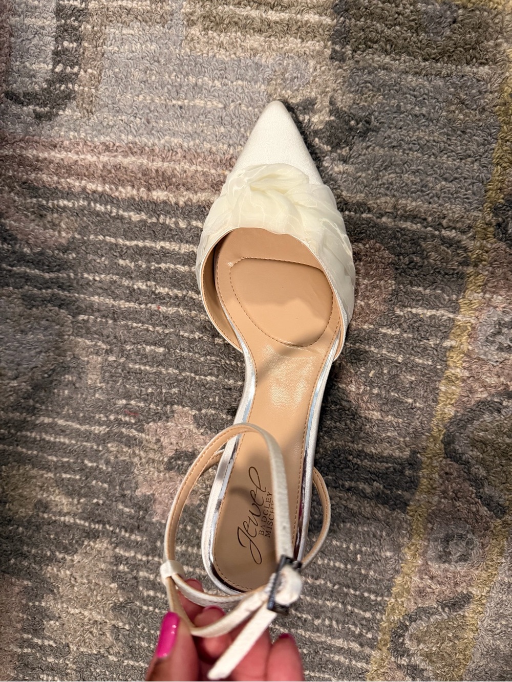 Jewel Badgley Mischka Ivory Pointed-Toe Ankle-Strap Flat with Rosette